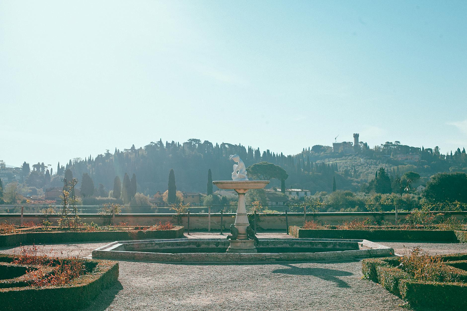 Sculptures and fountains in the Boboli Gardens behind Palazzo Pitti Florence