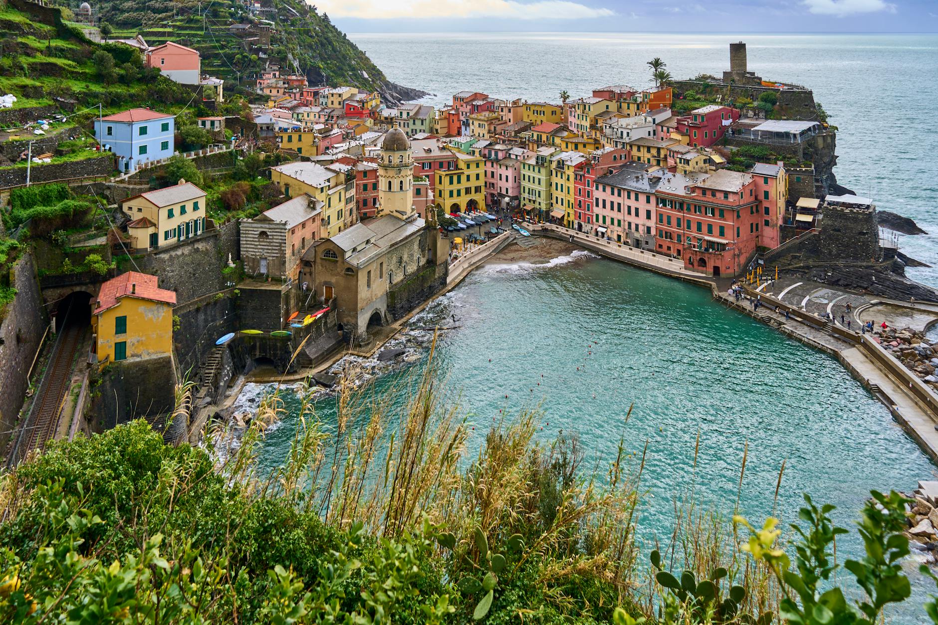 Colorful houses along the coast of Cinque Terre Italy day trip from Florence