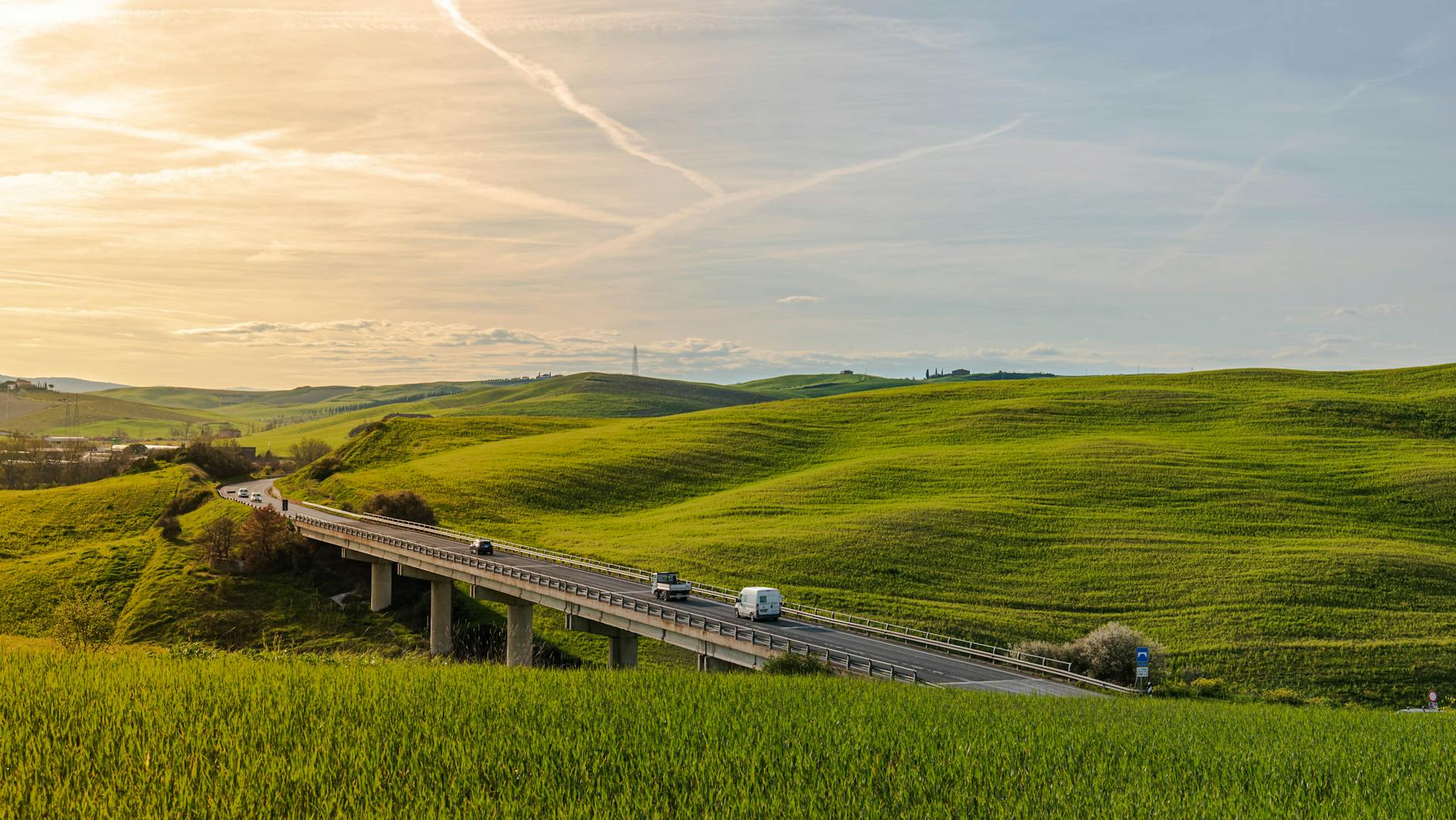 Driving through the Tuscan landscape on a highway near Florence Italy