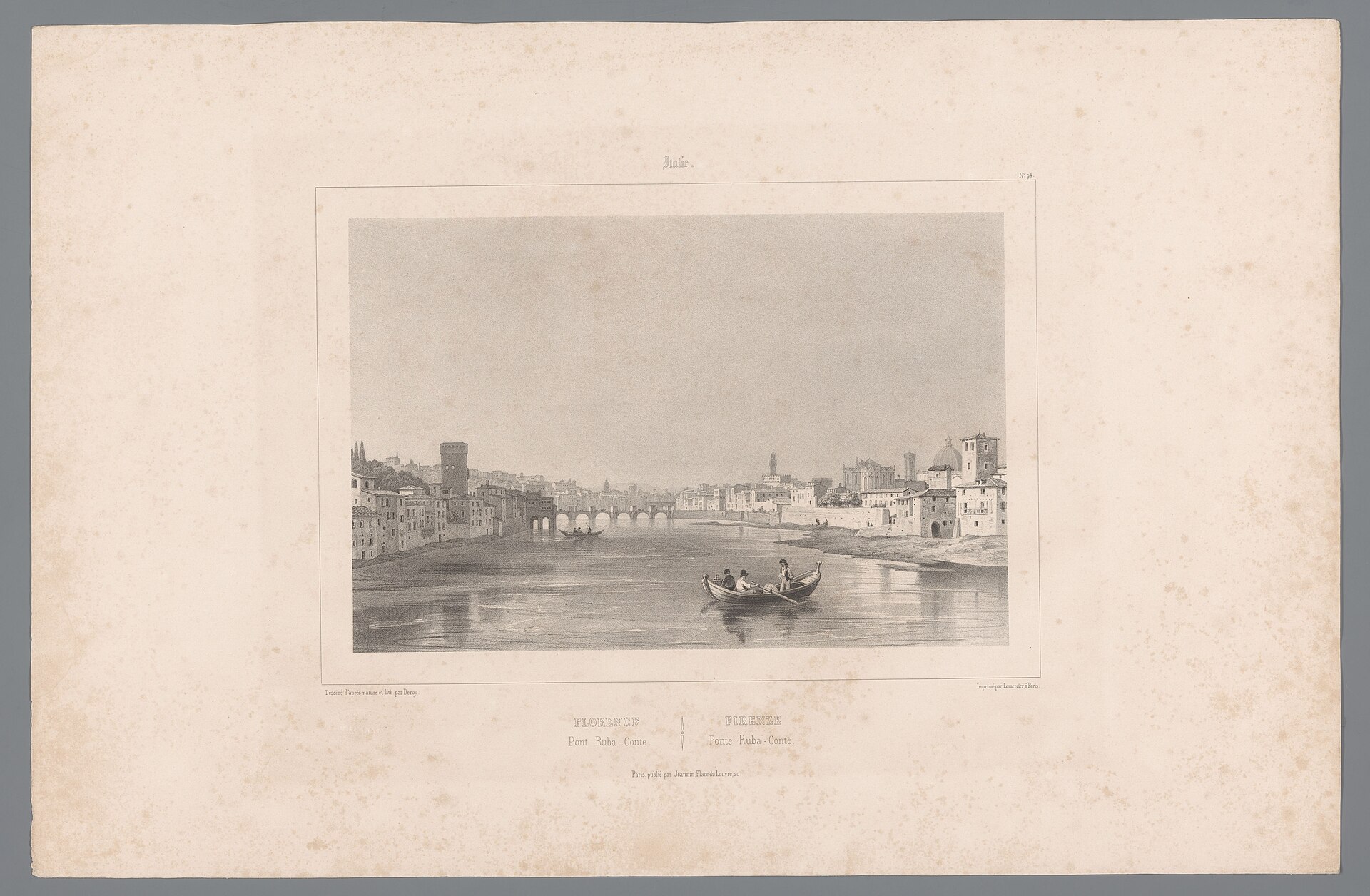 A nineteenth-century lithograph of Florence from the Arno at Ponte Rubaconte, with two working boats on the water