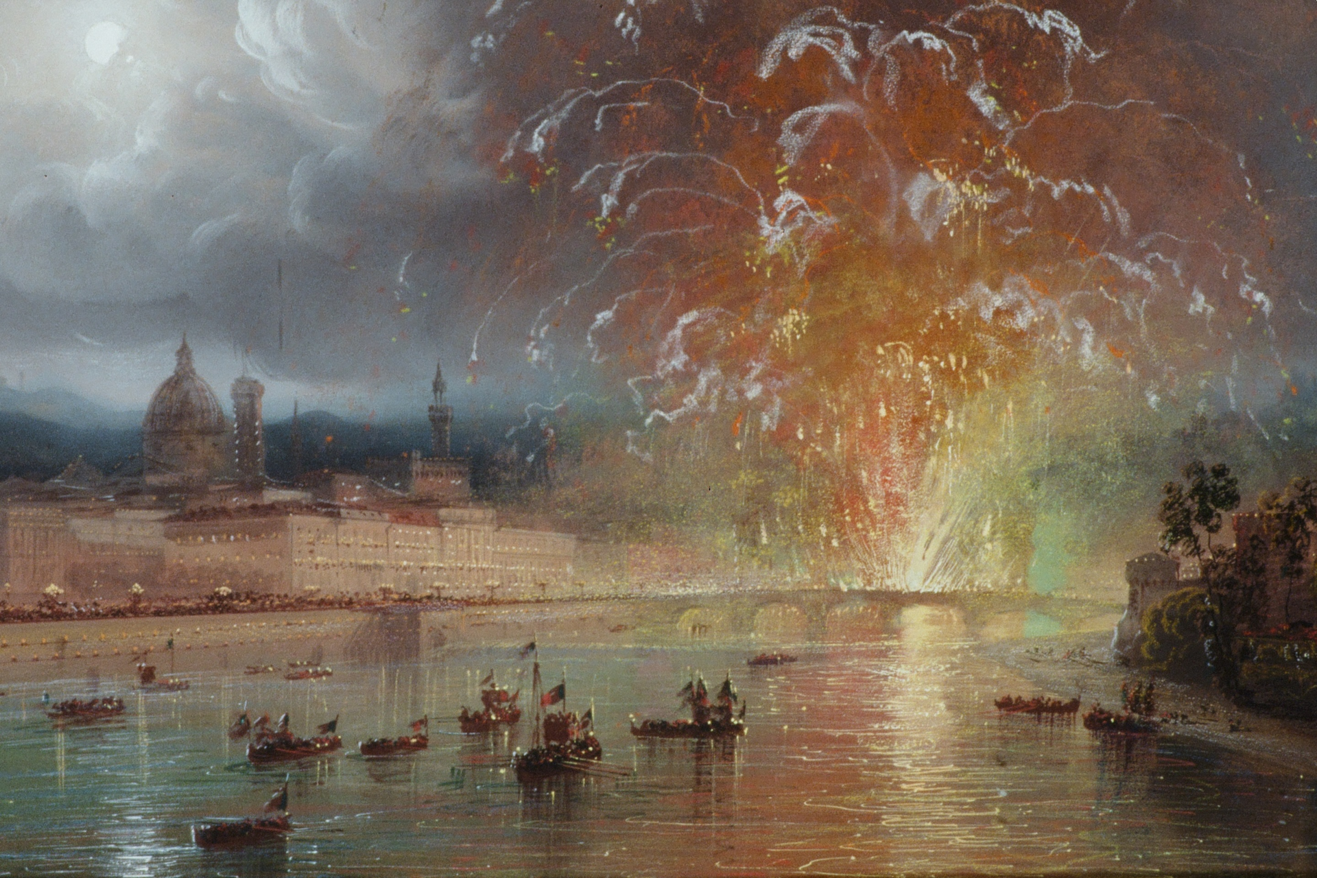 A nineteenth-century painting of fireworks exploding over the Arno in Florence at night, with crowds on the embankment and small boats full of spectators on the water