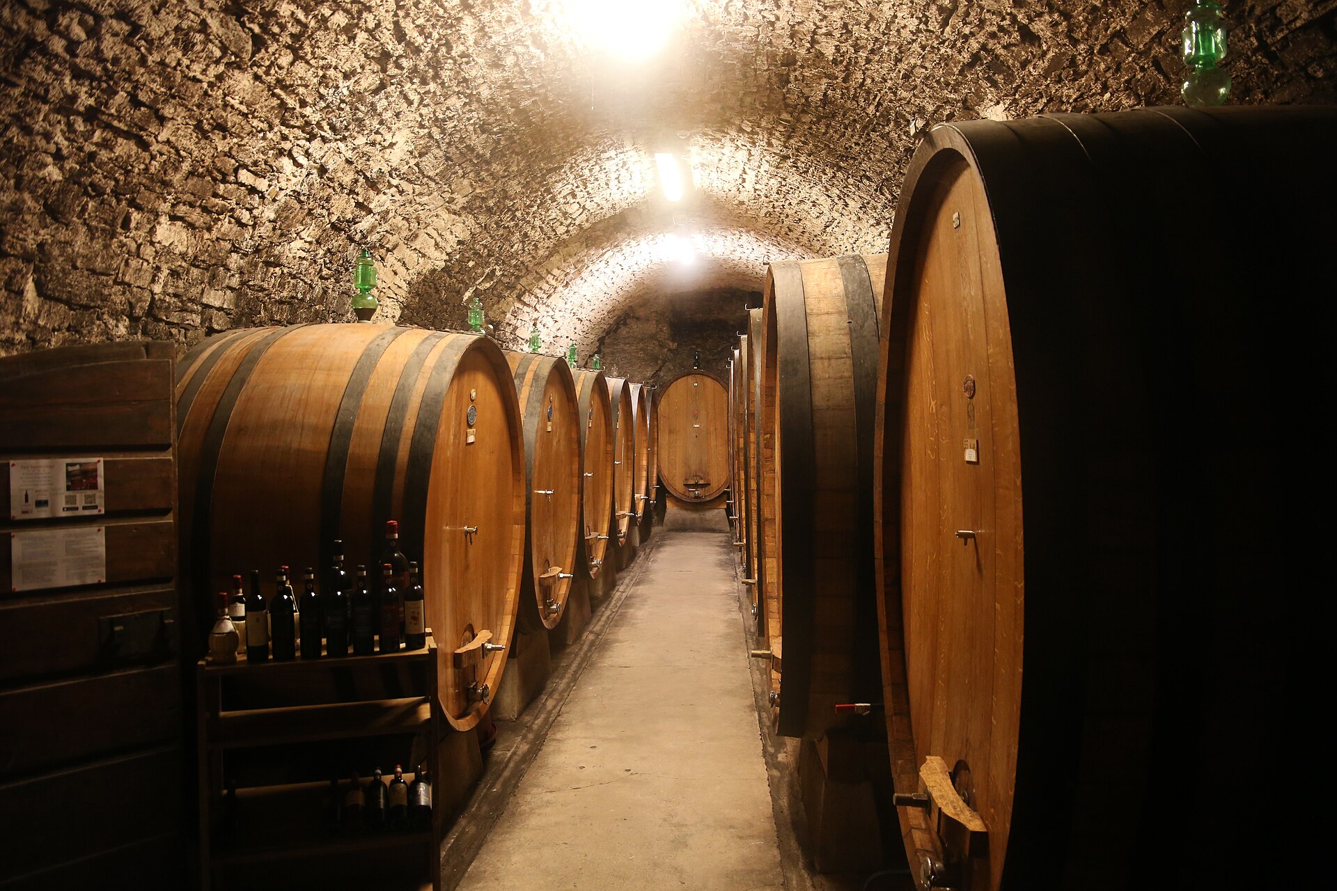 A vaulted stone wine cellar in Chianti lined with large wooden ageing barrels and racks of bottles