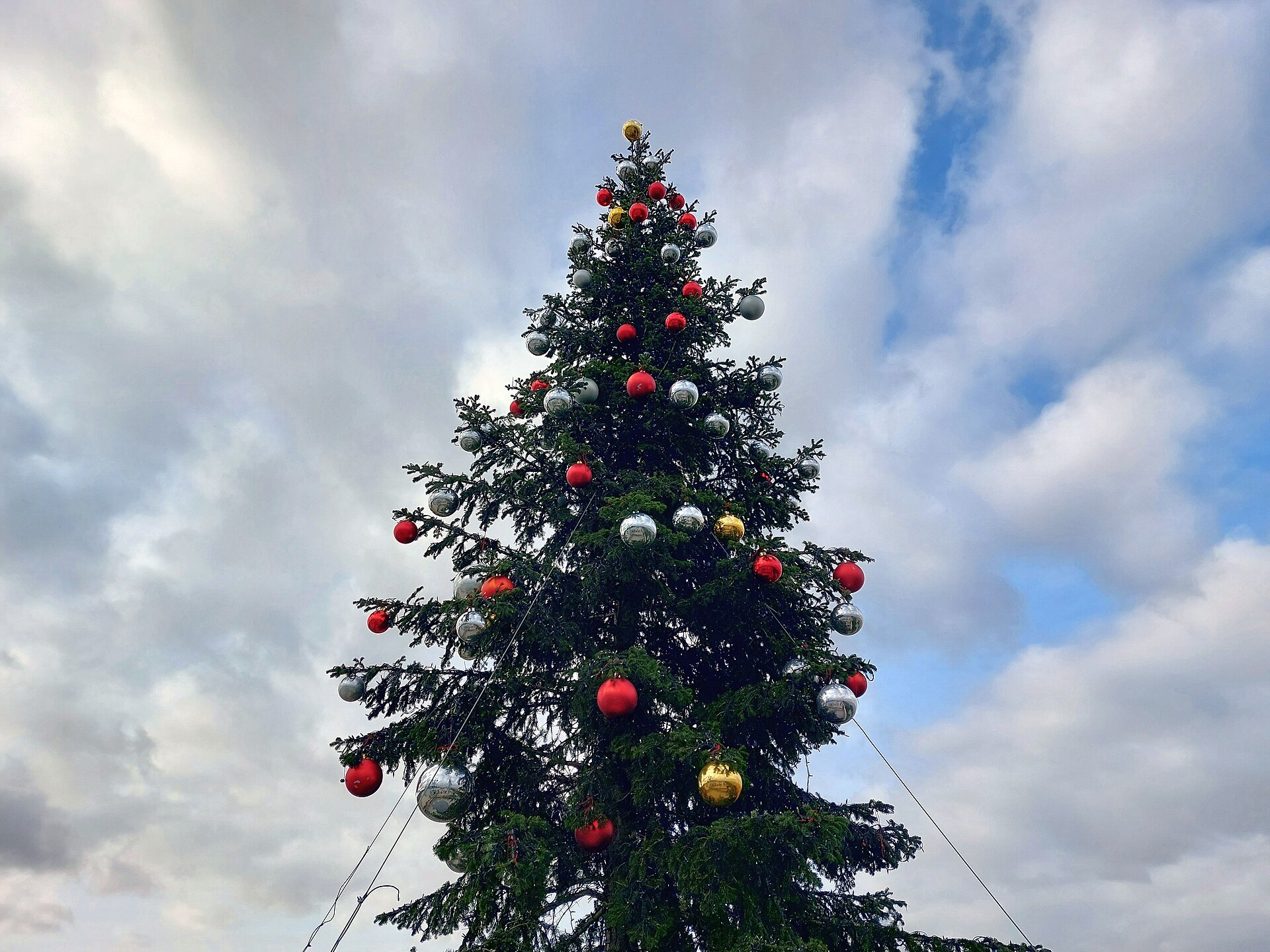 A tall decorated Christmas tree with red, silver and gold baubles photographed from below against a cloudy sky