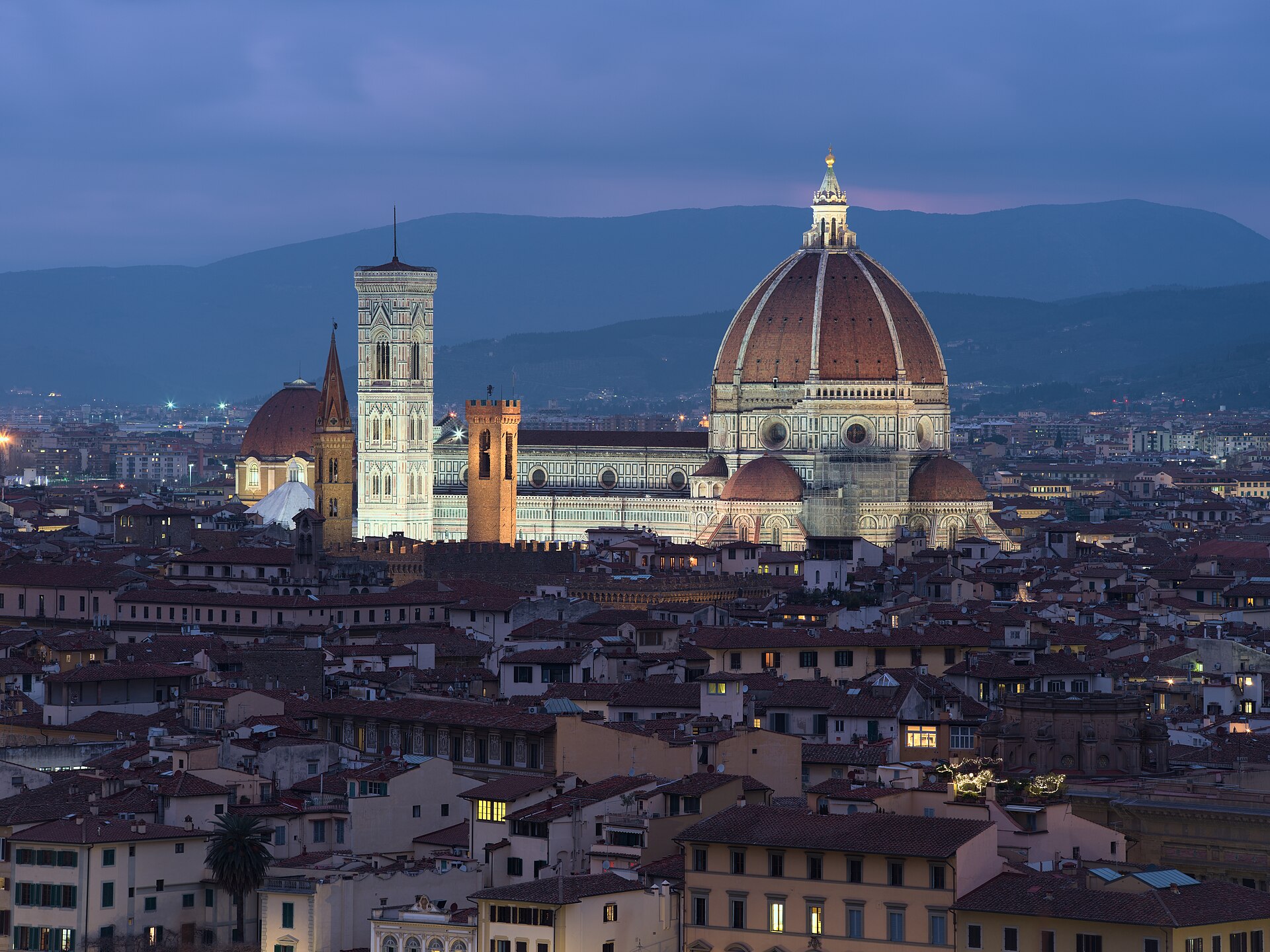 The Florence skyline with the Duomo seen from Piazzale Michelangelo at dusk