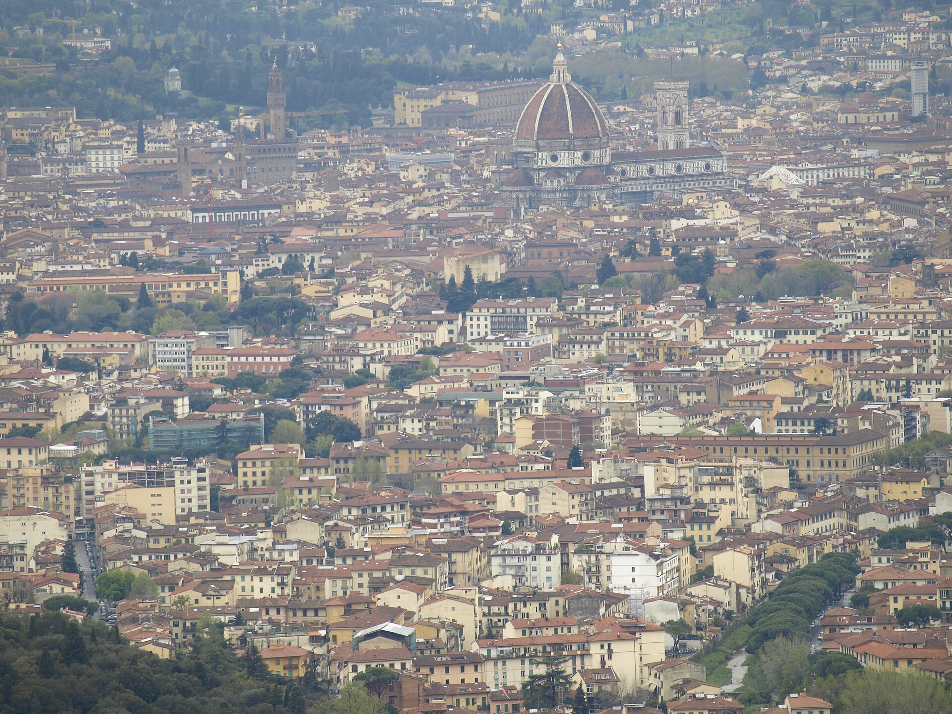 Florence seen from the hills at Fiesole, with the Duomo and Palazzo Vecchio tower rising above a dense field of terracotta roofs