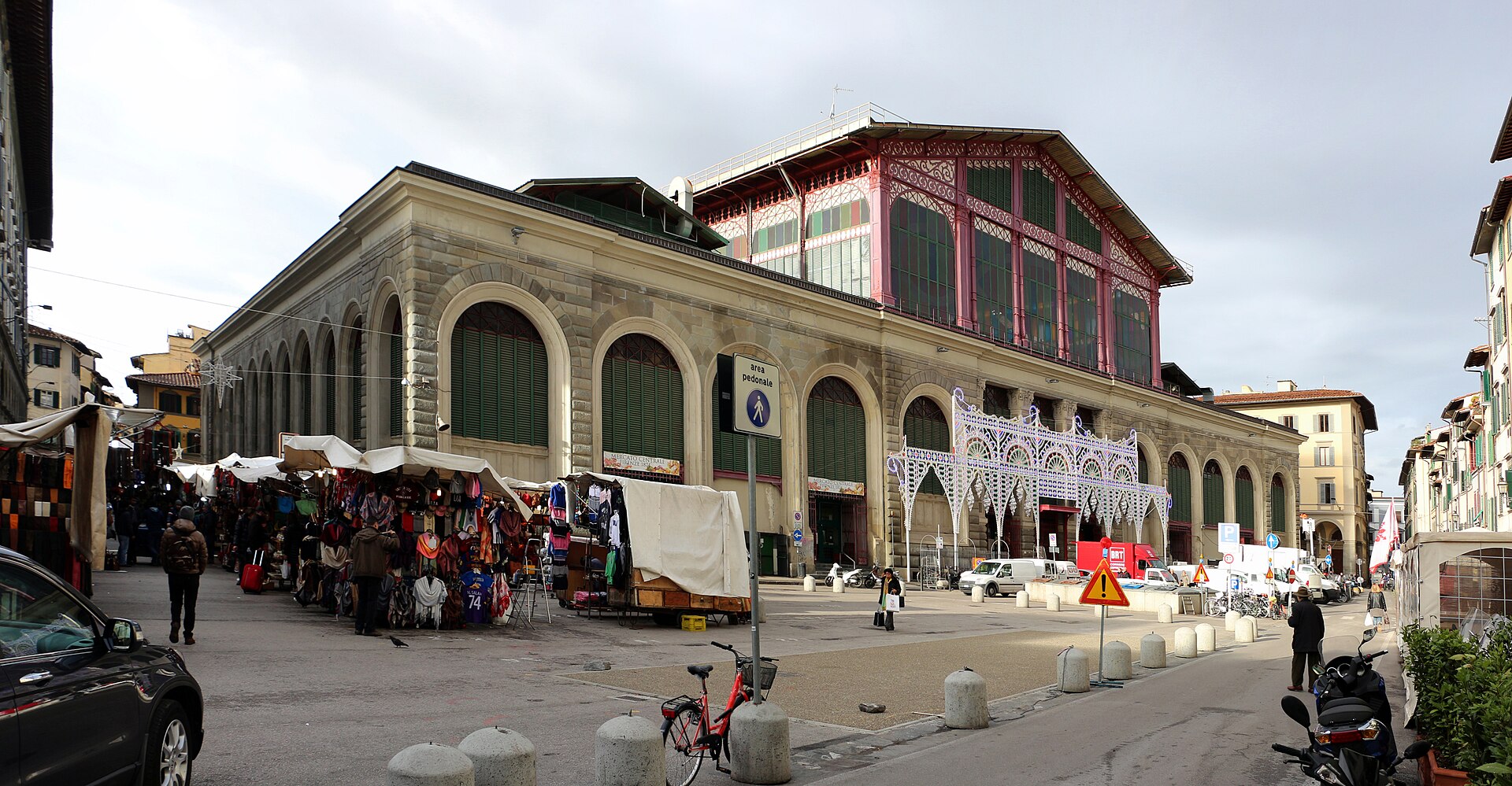 The Mercato Centrale in Florence in winter with the covered leather and clothing stalls of the San Lorenzo street market outside