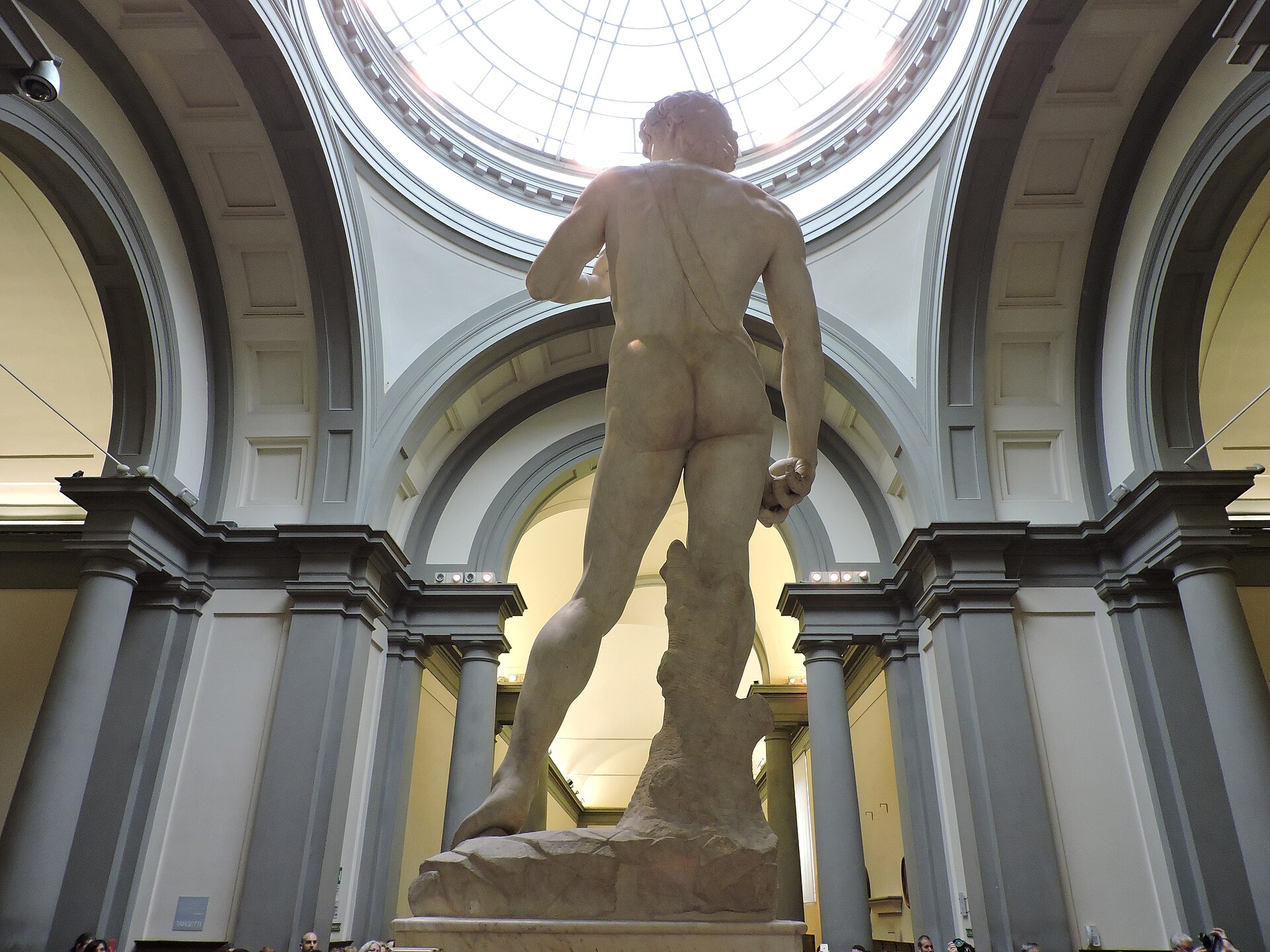 Michelangelo's David seen from behind beneath the domed skylight of the purpose-built tribune in the Accademia Gallery