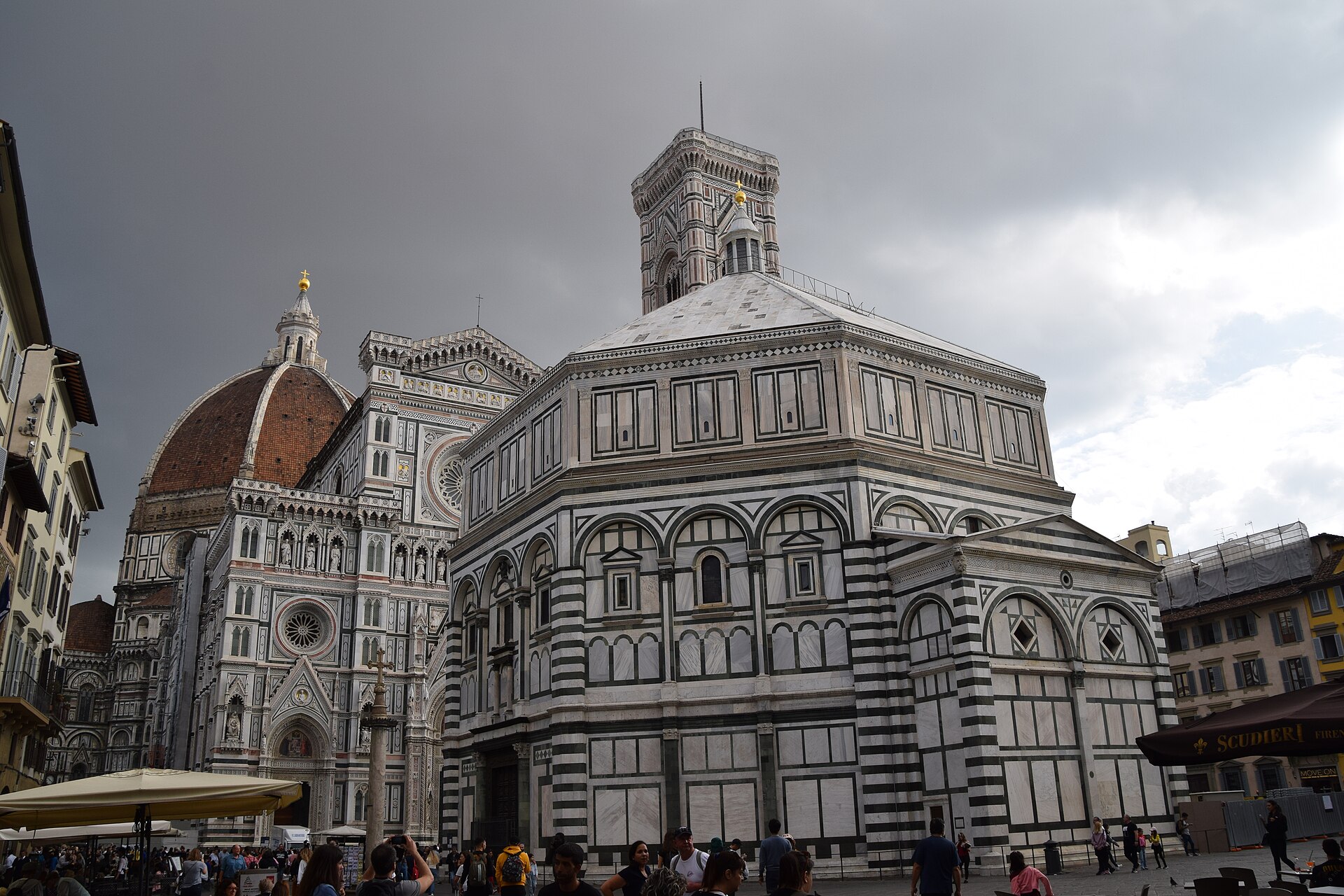 Piazza del Duomo in Florence with the baptistery, cathedral facade and Giotto's bell tower