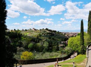 The view from the Rose Garden in Florence over olive terraces and the old city wall towards the hills, with cypresses and a bright cloudy blue sky
