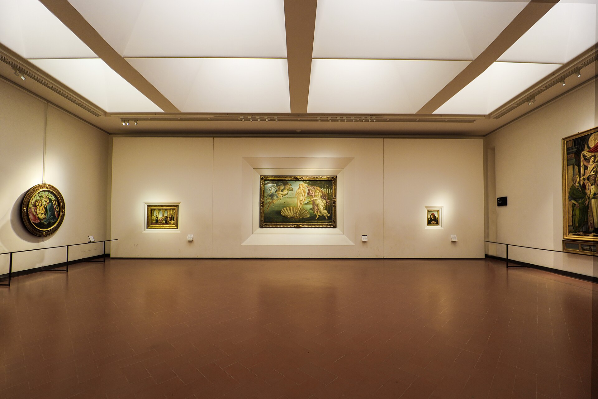 Botticelli's Birth of Venus hangs at the far end of a spacious, skylit gallery room at the Uffizi in Florence.