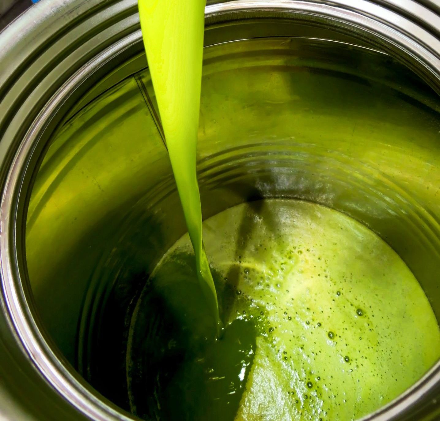 Bright green new olive oil pours into a stainless-steel container, forming bubbles on its surface at a Tuscan olive mill.