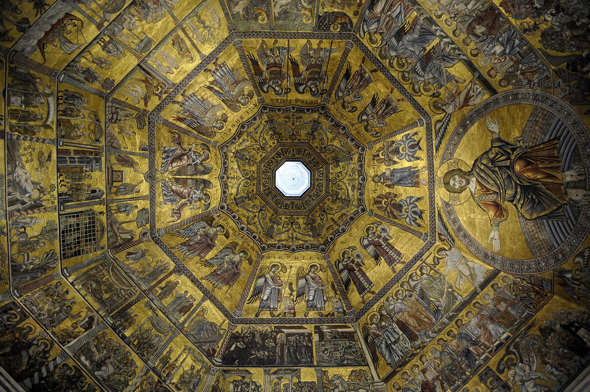 Christ in Majesty and concentric bands of gold mosaics surround the central opening in the octagonal ceiling of Florence's Baptistery.