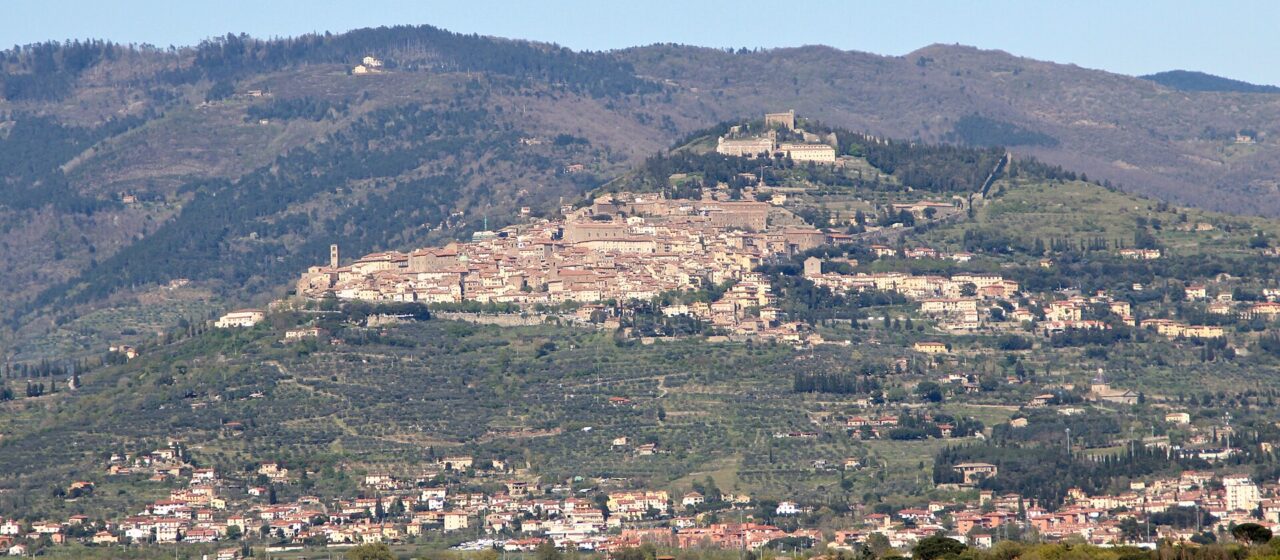 Cortona’s terracotta-roofed buildings climb an olive-covered hillside beneath the church of Santa Margherita and wooded slopes.