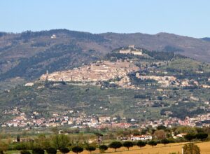Cortona’s terracotta-roofed buildings climb an olive-covered hillside beneath the church of Santa Margherita and wooded slopes.