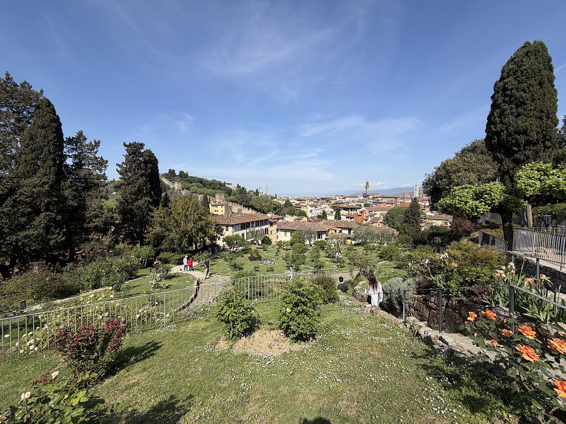 Paths and rose beds descend through Florence’s Giardino delle Rose, with the cathedral dome and city rooftops beyond the trees.