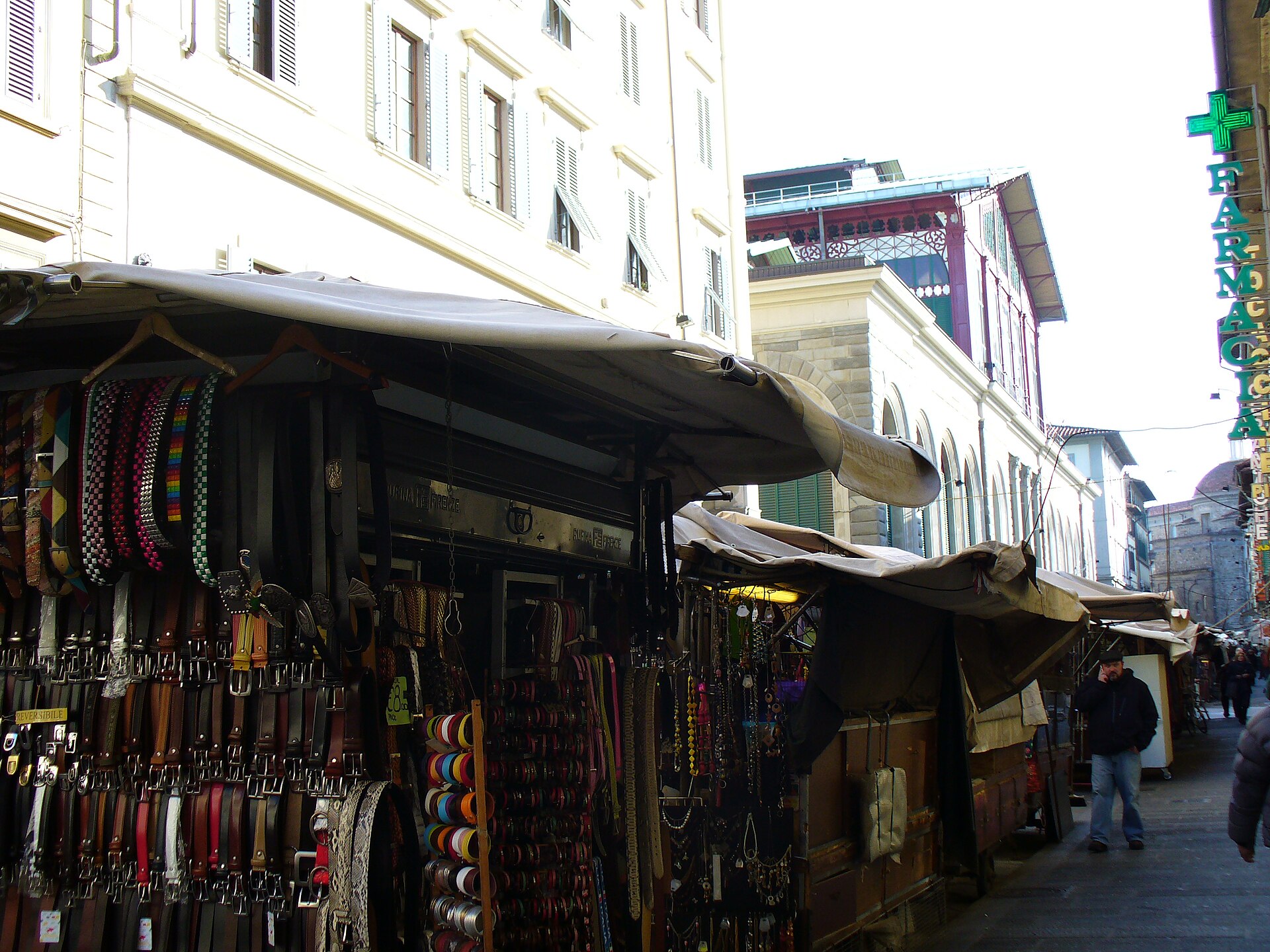Rows of belts and bracelets fill a covered outdoor stall beside Florence's Mercato Centrale at San Lorenzo.