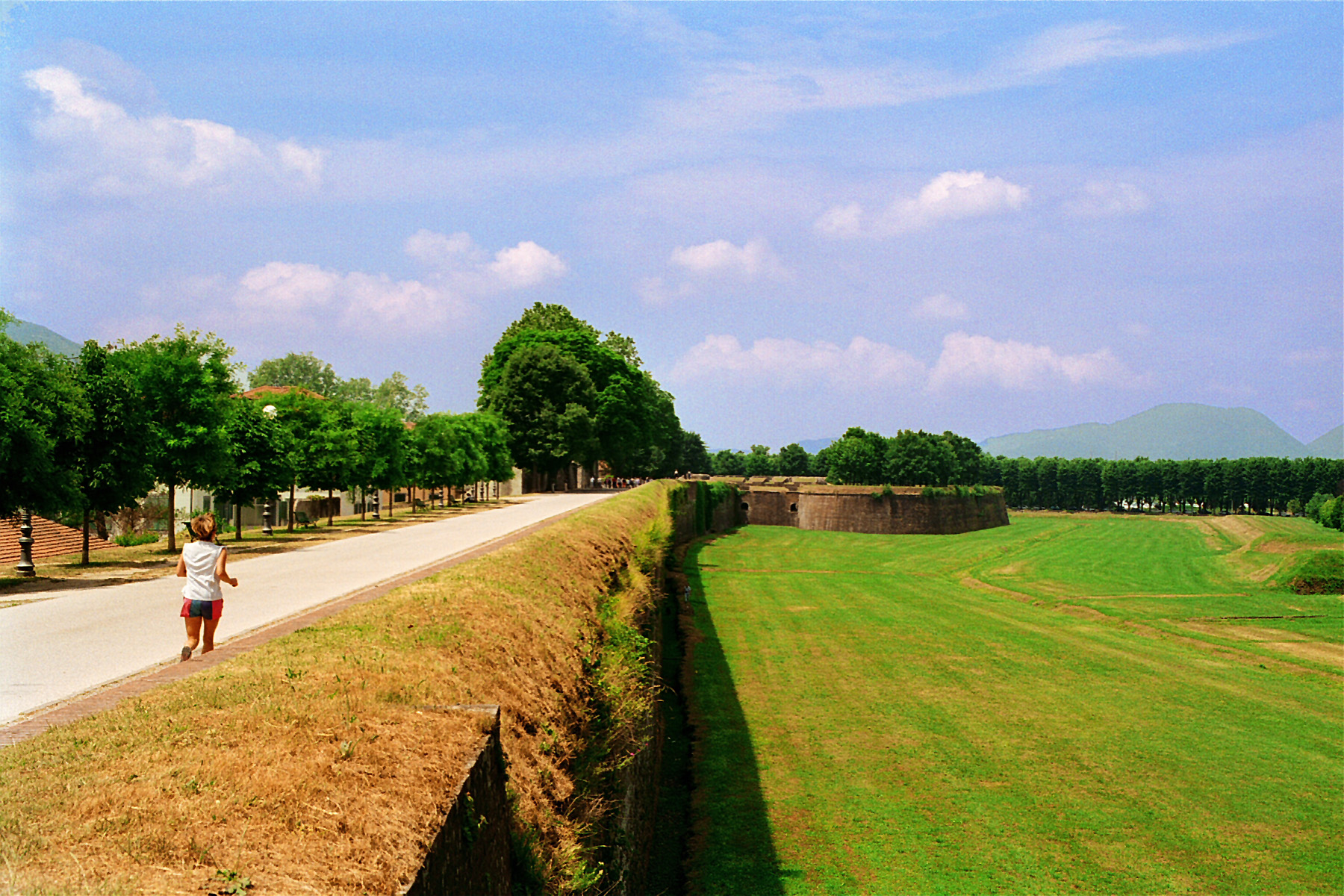 A runner follows the tree-lined path atop Lucca’s brick ramparts above a broad grassy moat.